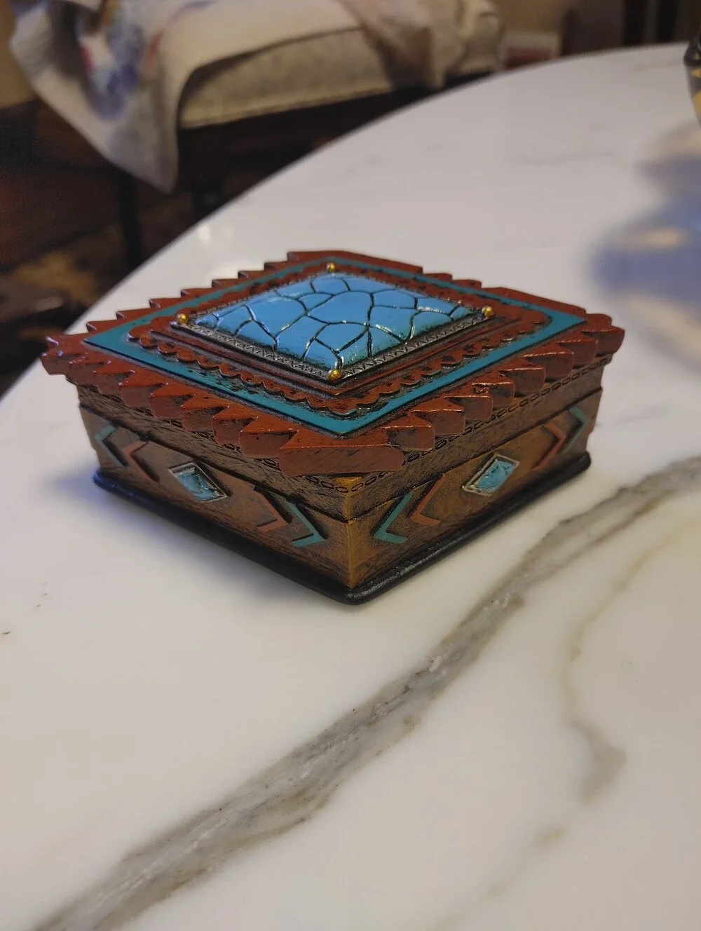 Handcrafted Turquoise and Brown Native American Decorative Trinket Box